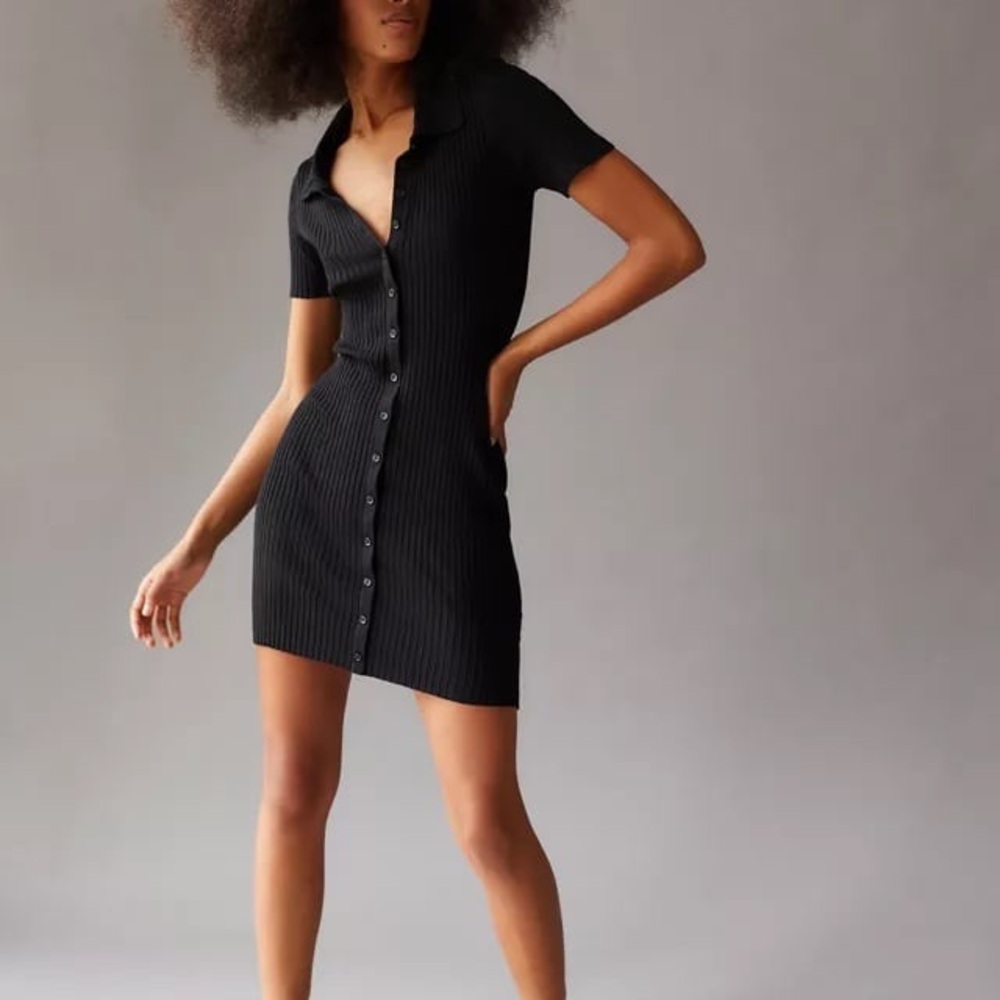 Urban Outfitters Ribbed Knit Polo Mini Dress black